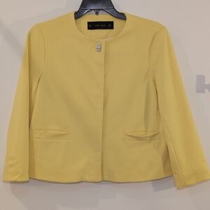 Zara Basic Yellow Collarless Jacket Size L Silver Turn Lock Clasp Mod 60s Career